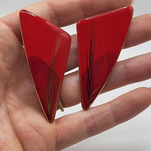 Vintage 80s Ceramic Red Triangular Earrings Gold Flakes 2in - Picture 3 of 5